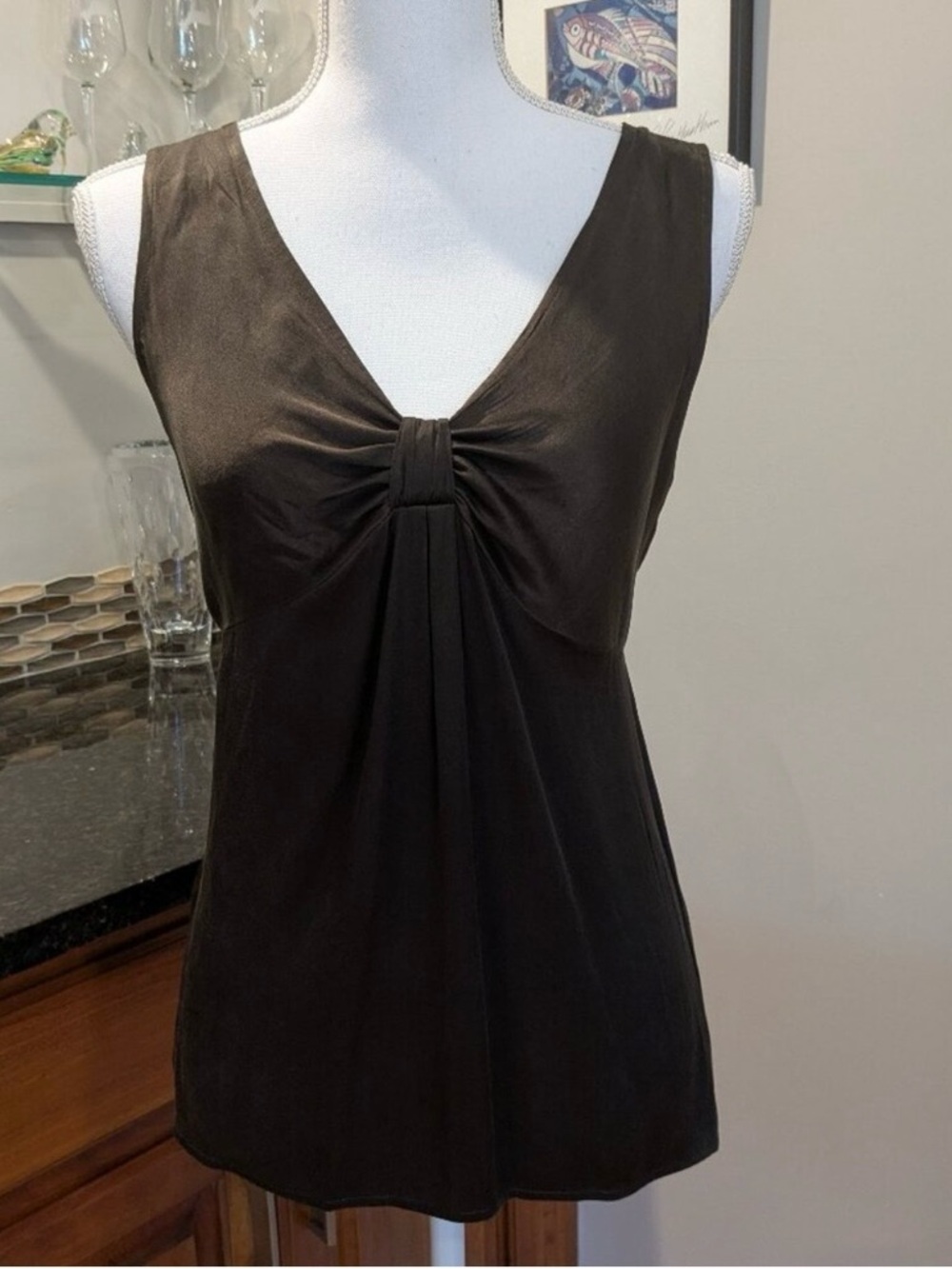 Ann Taylor Sleeveless Twist-Front V-Neck Blouse in Dark Brown